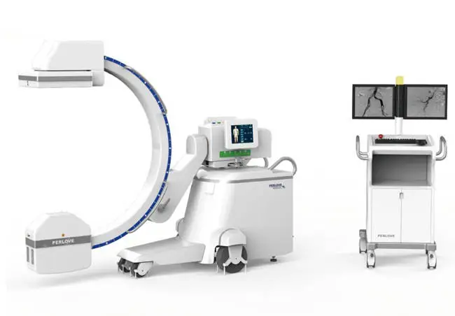 mobile C-arm X-ray machine with dual-monitor workstation for medical imaging and diagnostics.